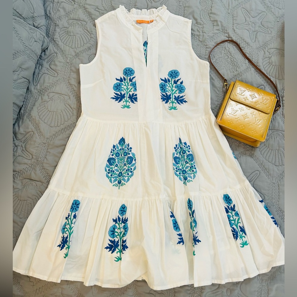 Oliphant White linen dress with Blue Accents